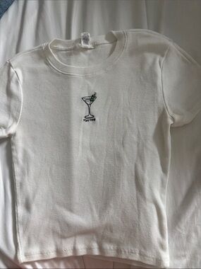 White Tee with Martini Embroidered Graphic